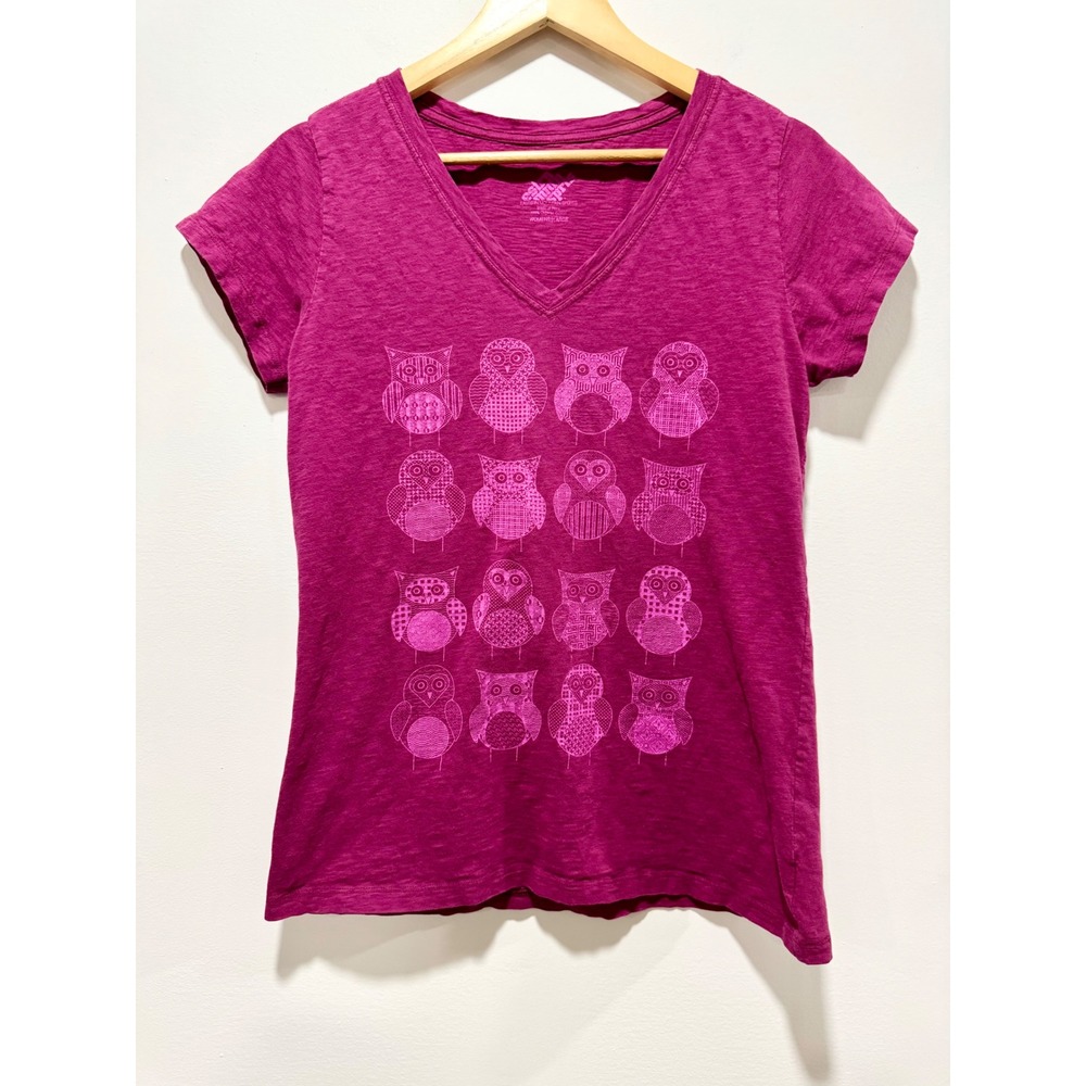 Eastern Mountain Sports EMS Womens Pink Organic Cotton Owl Graphic V-Neck Shirt